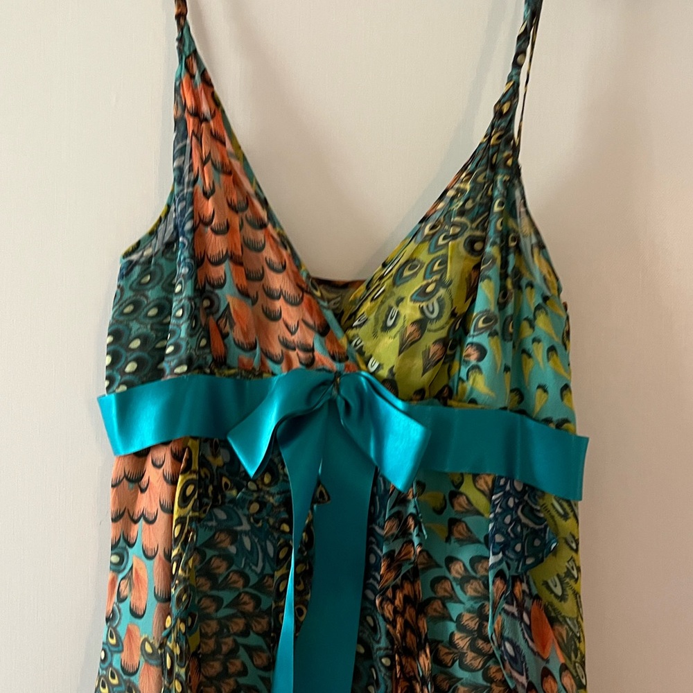 BCBGMaxAzria Teal Satin Camisole with Multicolor Feather Print